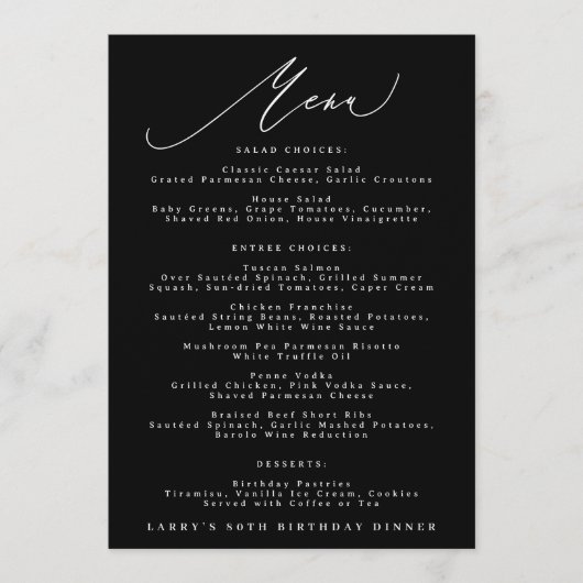 5 x 7 Klassieke Zwarte Witte Calligrafie Verjaarda Menu (Voorkant)