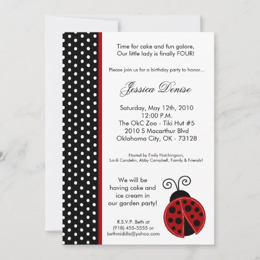 5 x 7 Lady Bug Black Polka Birthday Party nodigt u Kaart (Voorkant)