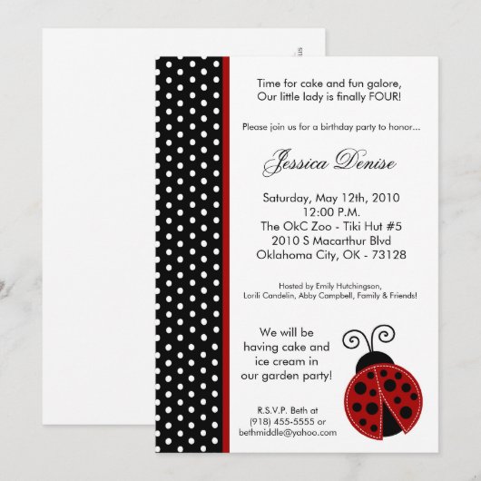 5 x 7 Lady Bug Black Polka Birthday Party nodigt u Kaart (Voorkant / Achterkant)
