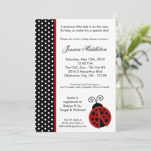 5 x 7 Lady Bug Black PolkaDot Baby shower Uitnodig Kaart (Staand voorkant)
