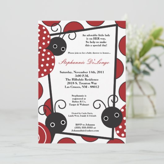 5 x 7 Lady Bug Spring Insect Baby shower Uitnodigi Kaart (Staand voorkant)