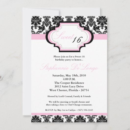 5 x 7 Light Pink Damask Sweet 16 Birthday Invitati Kaart (Voorkant)