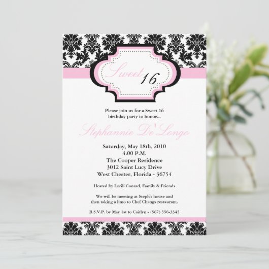 5 x 7 Light Pink Damask Sweet 16 Birthday Invitati Kaart (Staand voorkant)