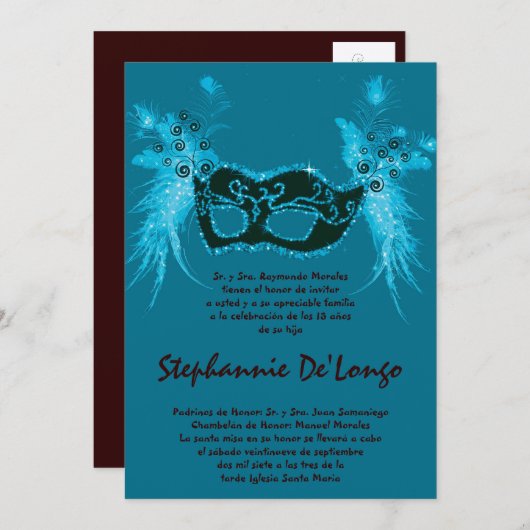 5 x 7 Masquerade Quinceanera Birthday Uitnodiging (Voorkant / Achterkant)