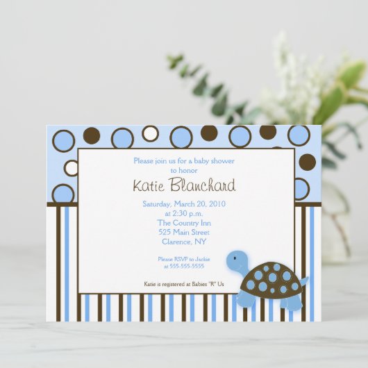 5 x 7 Mod Turtle Blue Trendy Dot Baby shower Kaart (Staand voorkant)