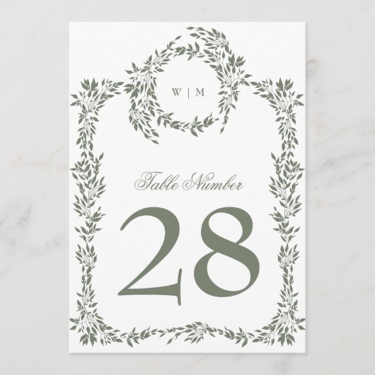 5 x 7 Monogram Krans Sage Groene Tafelnummers (Voorkant)