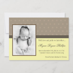 5 x 7 Neut Yellow Polka Dot PHOTO geboortebekendma Aankondiging