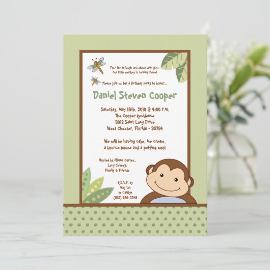 5 x 7 Neutraal Papgayo Monkey Birthday Uitnodiging (Staand voorkant)