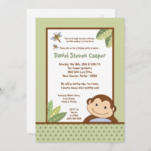 5 x 7 Neutraal Papgayo Monkey Birthday Uitnodiging (Voorkant / Achterkant)