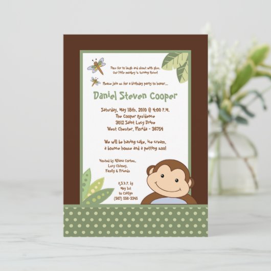 5 x 7 Neutraal Papgayo Monkey Birthday Uitnodiging (Staand voorkant)