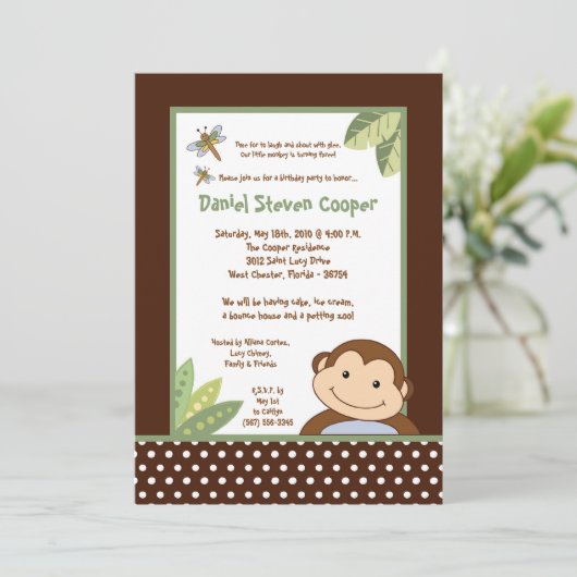 5 x 7 Neutraal Papgayo Monkey Birthday Uitnodiging (Staand voorkant)