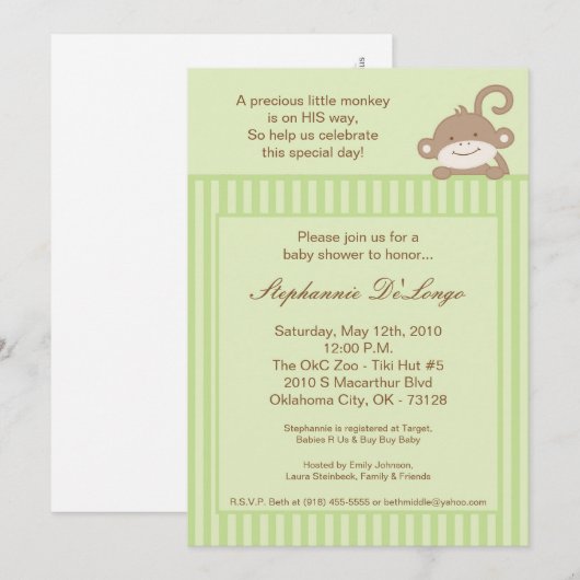5 x 7 Neutrale Groene Monkey Baby shower Uitnodigi Kaart (Voorkant / Achterkant)
