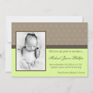 5 x 7 Neutrale Groene Polka Dot PHOTO geboorteaank Aankondiging
