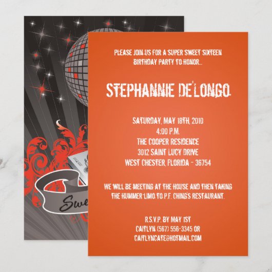 5 x 7 Oranje DJ Platenspeler 16 uitnodiging op zat (Voorkant / Achterkant)