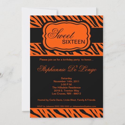 5 x 7 Oranje Zebra Print Birthday Party Invitation Kaart (Voorkant)