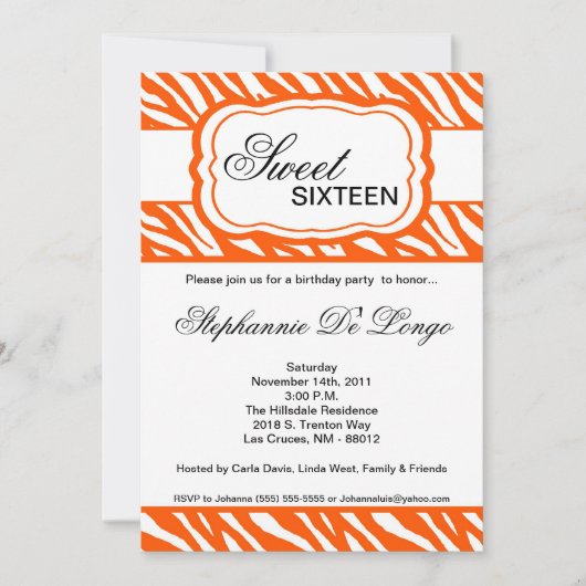 5 x 7 Oranje Zebra Print Birthday Party Invitation Kaart (Voorkant)