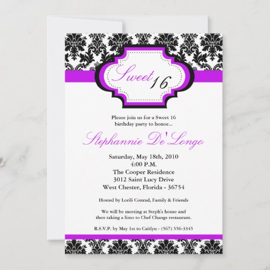 5 x 7 Paarse Damask Sweet 16 Birthday Invitation Kaart (Voorkant)