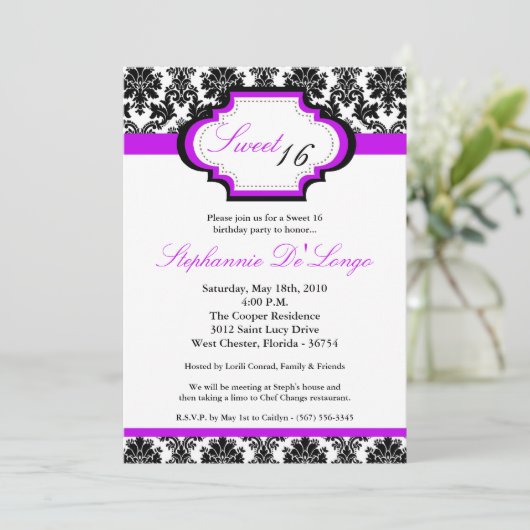 5 x 7 Paarse Damask Sweet 16 Birthday Invitation Kaart (Staand voorkant)