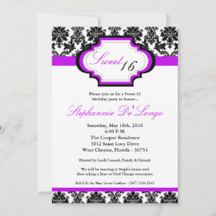 5 x 7 Paarse Damask Sweet 16 Birthday Invitation Kaart