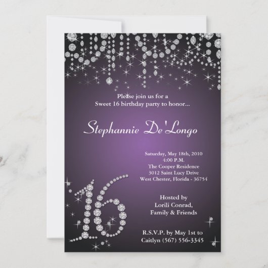 5 x 7 Paarse Diamond Sweet 16 Birthday Invitation Kaart (Voorkant)