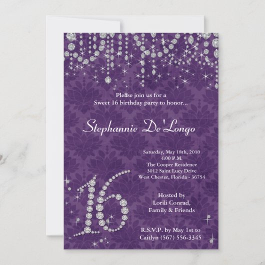 5 x 7 Paarse Diamond Sweet 16 Birthday Invitation Kaart (Voorkant)
