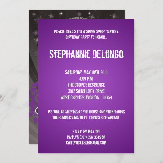 5 x 7 Paarse DJ Platenspeler 16 uitnodiging (Voorkant / Achterkant)