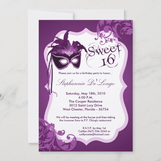 5 x 7 Paarse Masquerade Masker 16 Birthday Uitnodi Kaart (Voorkant)