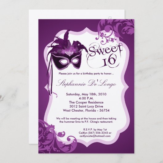 5 x 7 Paarse Masquerade Masker 16 Birthday Uitnodi Kaart (Voorkant / Achterkant)