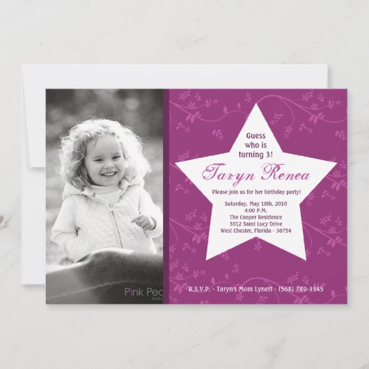 5 x 7 Paarse STAR Foto van Birthday Party Invitati Kaart (Voorkant)