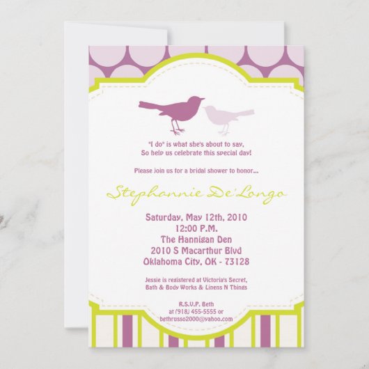 5 x 7 Paarse vogelpootkadop Bridal Shower Invitati Kaart (Voorkant)