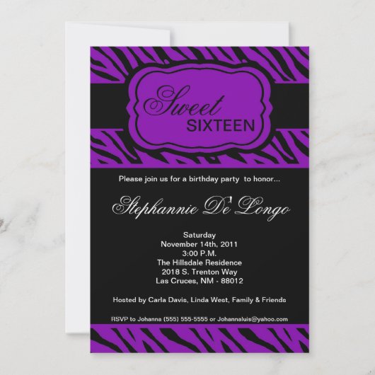 5 x 7 Paarse Zebra Print Birthday party nodiging Kaart (Voorkant)
