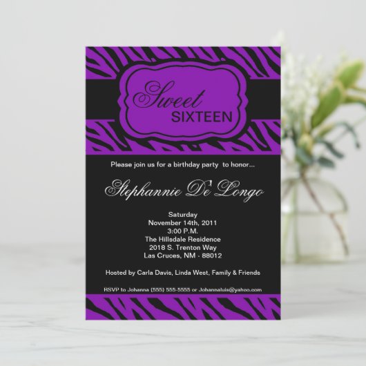 5 x 7 Paarse Zebra Print Birthday party nodiging Kaart (Staand voorkant)