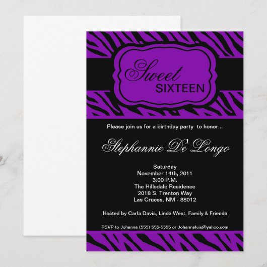 5 x 7 Paarse Zebra Print Birthday party nodiging Kaart (Voorkant / Achterkant)