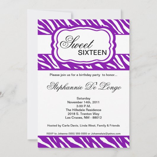 5 x 7 Paarse Zebra Print Birthday party nodiging Kaart (Voorkant)