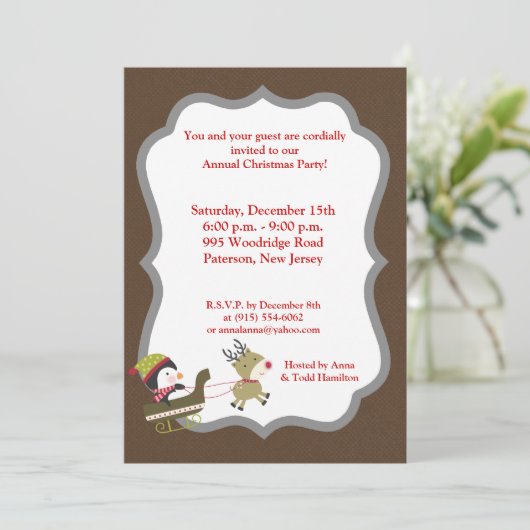 5 x 7 Penguin/Reindeer Kerstspellen Uitnodiging (Staand voorkant)