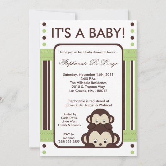 5 x 7 Pop Monkey Neutral Jung Baby shower Invitati Kaart (Voorkant)