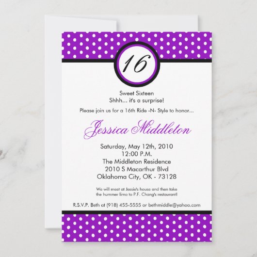 5 x 7 Purpl White Polka Dot 16th Birthday Invitati Kaart (Voorkant)