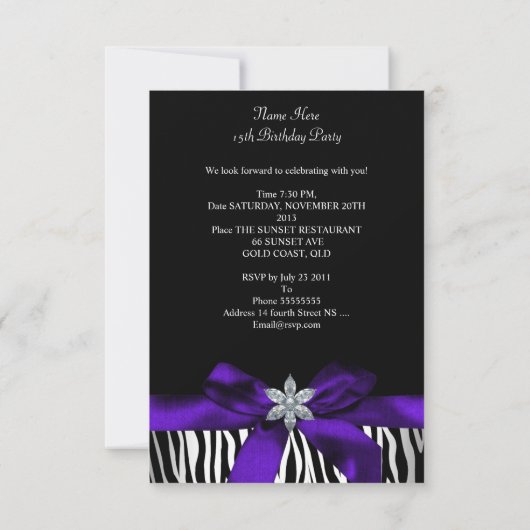 5 x 7 Quinceanera Paars Zebra Black White Kaart (Achterkant)