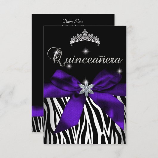 5 x 7 Quinceanera Paars Zebra Black White Kaart (Voorkant / Achterkant)