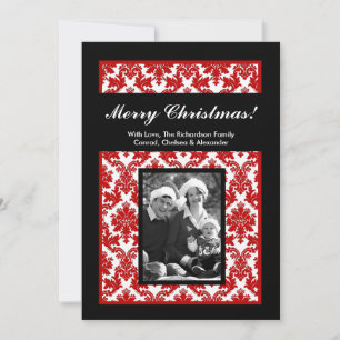 5 x 7 Red Black Damask-kerstfotokaart Feestdagenkaart