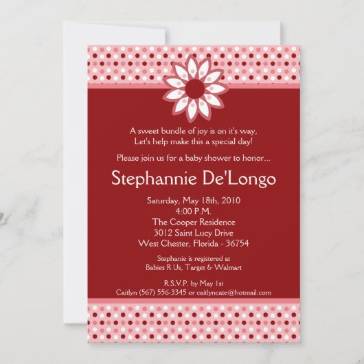 5 x 7 Red Polka Dot Flower Baby shower Invitation Kaart (Voorkant)