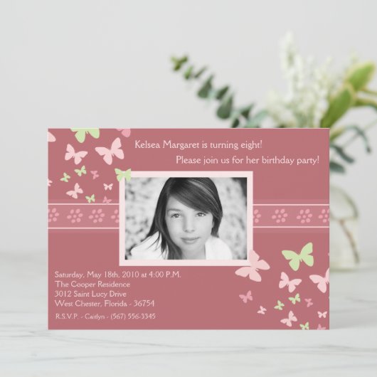 5 x 7 Roze Butterfly Foto van Birthday Party Uitno Kaart (Staand voorkant)