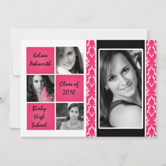 5 x 7 Roze Damask Foto Afstuderen Invitation Annou Kaart (Voorkant)