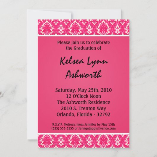 5 x 7 Roze Damask Foto Afstuderen Invitation Annou Kaart (Achterkant)