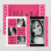 5 x 7 Roze Damask Foto Afstuderen Invitation Annou Kaart (Voorkant / Achterkant)