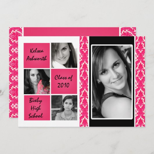 5 x 7 Roze Damask Foto Afstuderen Invitation Annou Kaart (Voorkant / Achterkant)