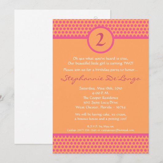 5 x 7 Roze en Oranje Polka Dot Birthday Uitnodigin Kaart (Voorkant / Achterkant)