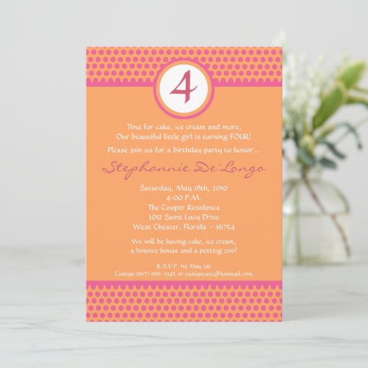 5 x 7 Roze en Oranje Polka Dot Birthday Uitnodigin Kaart (Staand voorkant)