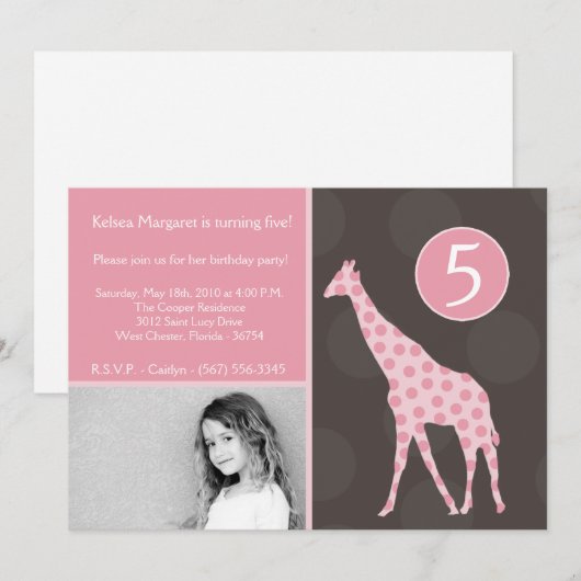5 x 7 Roze Giraffe Foto van Birthday Party Invitat Kaart (Voorkant / Achterkant)
