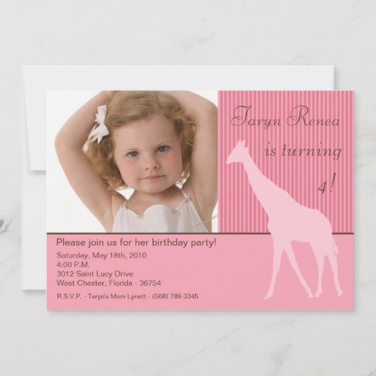 5 x 7 Roze Giraffe Foto van Birthday Party Invitat Kaart (Voorkant)